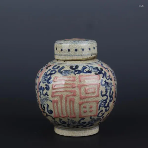 Bouteilles chinoises Ming Jiajing, porcelaine bleue et blanche, motif Fu rouge, Pot à thé, 5.51 pouces