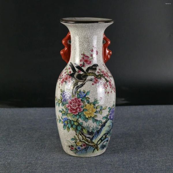Bouteilles chinoises, vieux dessin coloré, glaçure craquelée, ornements en porcelaine, Vase binaural