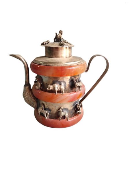 Bouteilles chinoises anciennes faites à la main, théière en porcelaine argentée tibétaine du zodiaque, Pot/bouteille de décoration pour la maison