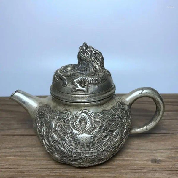 Bouteilles chinoises du vieux Tibet, théière en argent sculptée à la main, Dragon jouant avec Xuande Mark Z Flagon, bouilloire plaquée, ornements de Collection