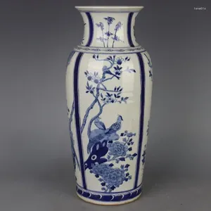 Bouteilles Chinois Qing Kangxi Bleu Et Blanc Porcelaine Fleurs Oiseaux Motif Vase 15.43