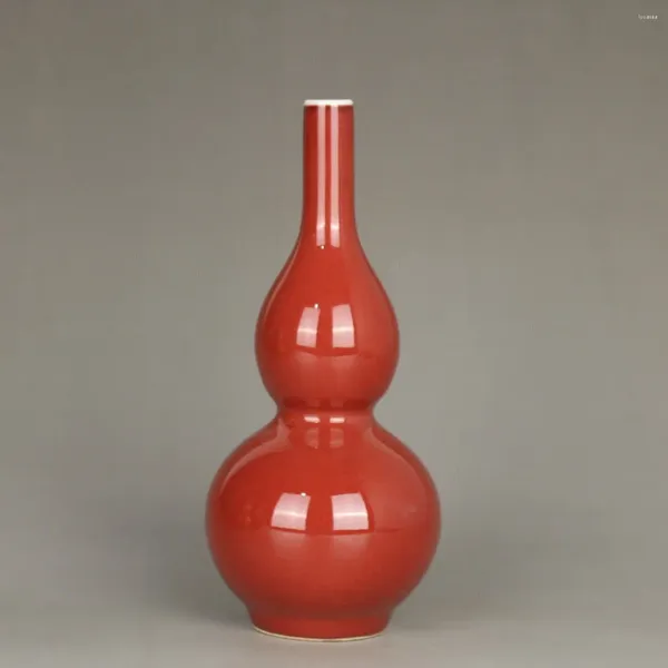 Bouteilles Chinois Qing Kangxi Rouge Glaçure Porcelaine Gourde Forme Vase 6,70 Pouce