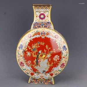Bouteilles de fleurs d'oiseaux en porcelaine émail rouge chinois, Vase circulaire de 10.2 pouces, ornements de décoration de maison