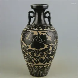 Bouteilles chanson chinoise Cizhou four noir glaçure porcelaine sculptée fleurs Design Vase 10.43 "Imitation vieux artisanat ornement