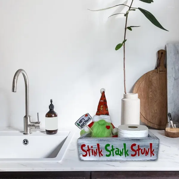 Botellas de Navidad, caja de madera apestosa, decoración de papel, organizador de inodoro, baño de granja para ventana, alféizar, mesita de noche