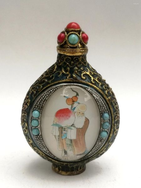 Collection de bouteilles, incrustation de sculpture en Bronze cloisonné de la vieille chine, dieu de la longévité, peinture de richesse, tabac à priser