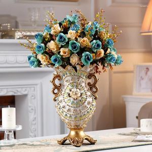 Bouteilles Vase en résine européenne ensemble de fleurs artificielles décor bureau de luxe diamant artisanat décoration maison Table Figurines ornements