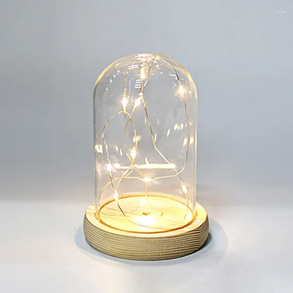 Botellas Cúpula de vidrio Base de madera con luz LED Florero de paisaje Cubierta de campana de flores secas DIY Plantas suculentas Titular de contenedor Decoración de dormitorio