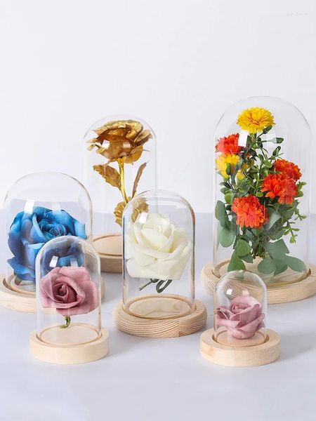 Botellas con cúpula de cristal, Base de madera con luz LED, regalo de cumpleaños, paisaje, terrario florero, contenedor, soporte de flores, cubierta decorativa para dormitorio