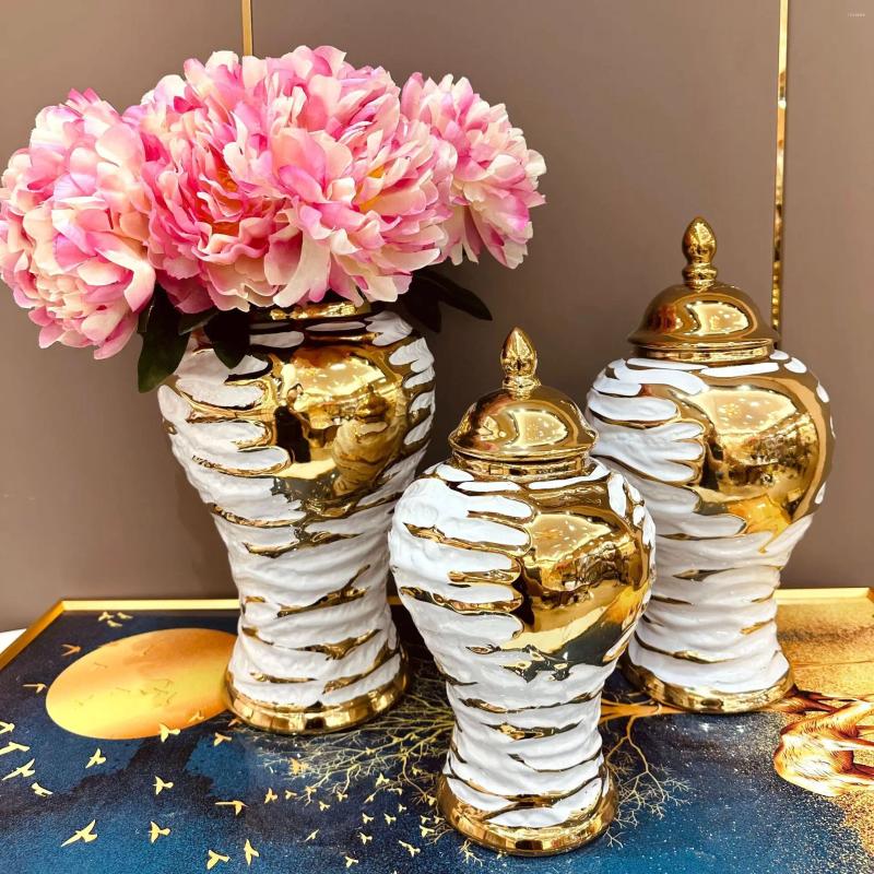 Bouteilles de poterie à grains dorés et blancs, pot général, réservoir de stockage, Vase de fleur de gingembre, ornement en céramique, accessoires de décoration pour la maison