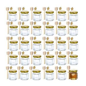 Bouteilles Bocaux 15 oz Hexagone Mini Verre Miel Avec Bois Louche Or Couvercle Abeille Pendentifs Jutes pour Baby Shower Faveurs De Mariage Partie 230414