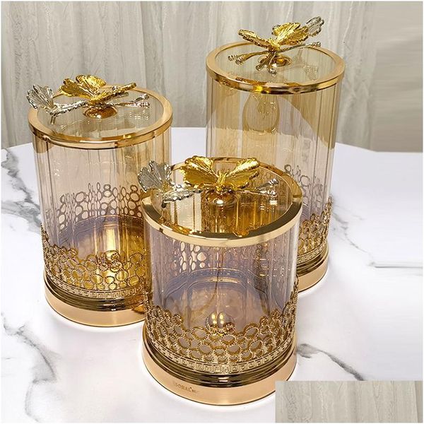 Botellas Frascos Chapado en oro Mariposa Tarro de caramelo Caja de joyería de vidrio Arte hueco Arreglo floral Fruta Nuez Misceláneas Almacenamiento Decoración del hogar Dhiam