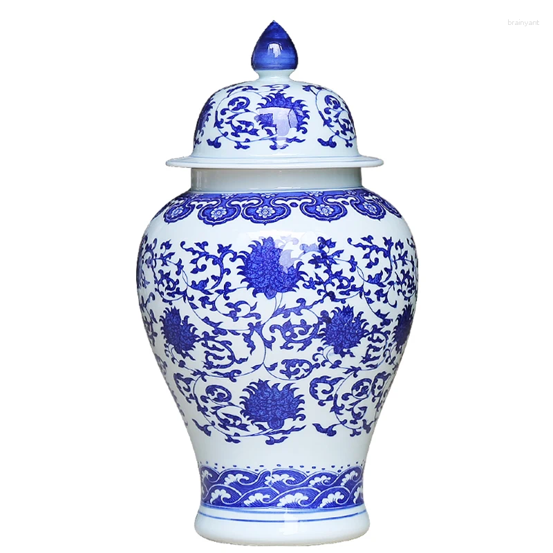 Бутылки Цзиндэчжэнь Керамическая банка Антикварный синий и белый фарфоровый храм для хранения Мебель для гостиной Дома