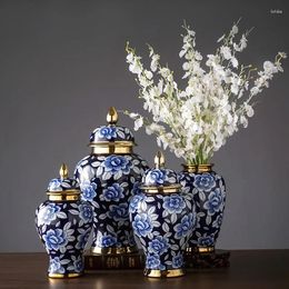 Bouteilles Jingdezhen Porcelaine Temple Jar Vase Style chinois Salon Bleu et blanc Gingembre