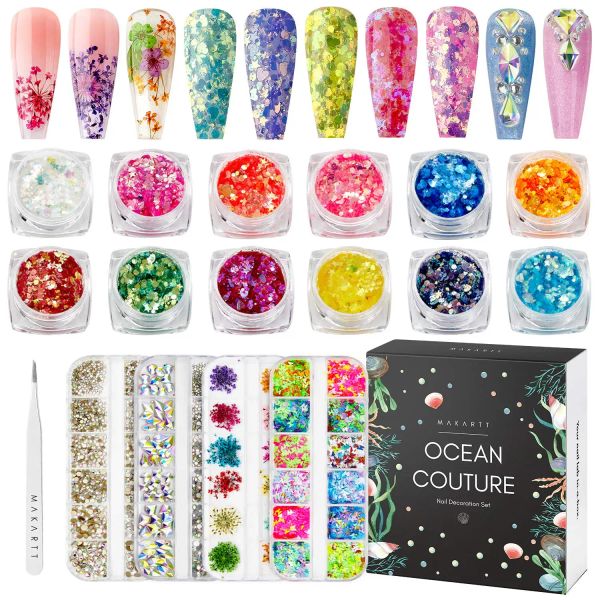 Bouteilles kit de décorations de ongles makartt, paillettes à ongles strass de ongles 3d fleurs séchées papillons avec pinceaux à ongles pour ongles Design art