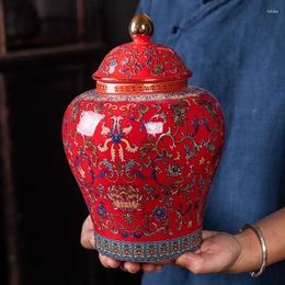 Botellas Frascos de almacenamiento de cerámica con flores pintadas de rojo moderno, latas de té selladas de gran capacidad, artesanías de porcelana dorada, decoración del hogar