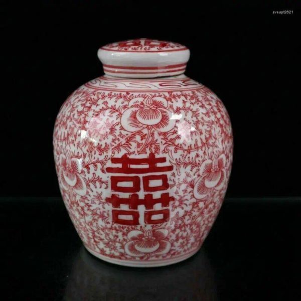 Bouteilles vieilles chinois bleu et blanc porcelaine double bonheur motif de couvercle de couvercle rouge