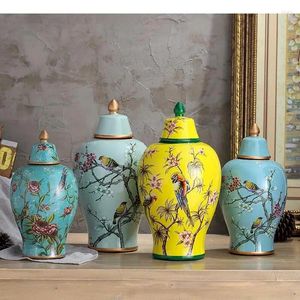 Flessen geschilderde keramische vase -ornamenten klassieke bloemen en vogels vazen ​​multique porselein opslagpotten rustiek huisdecoratie