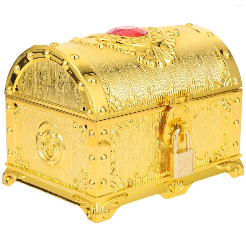 Flaskor Pirate Treasure Chest Box Gold Plastic Kids Vintage Jewelry Lock Keepsake Coin Games Birthday Halloween