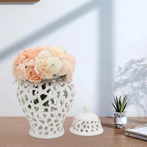 Bouteilles Pot de gingembre blanc avec couvercle Vase en céramique peint à la main pour arrangement floral de table