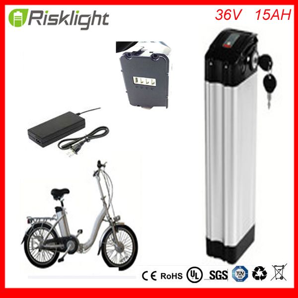 Batería de bicicleta eléctrica de iones de litio de descarga inferior 36v 15ah batería de bicicleta eléctrica tipo pez plateado batería de iones de litio de 36 voltios con cargador