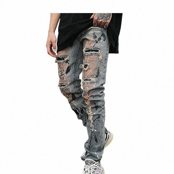 Bas Zipper Détruit Jeans Skinny Jeans Ripped Slim Hommes Biker Jeans Fi Graffiti Imprimé Streetwear Hip Hop Pantalon Joggers B7jF #