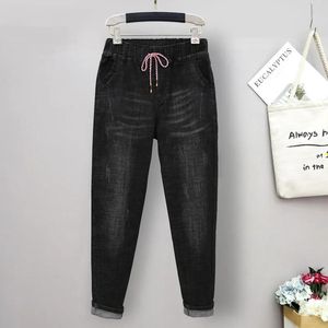 Bottoms HS9901 Plus taille jeans harem de taille féminine haute taille stretch lâche coréen classiquet blanched scratch sraw-trawstring pantal