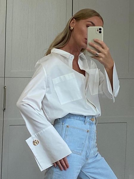 Bottoms Jyate Fashion Femme Blouses 2023 Élégant revers à manches longues Bureau Lady Shirts Casual Loose White Pockets Tops Vêtements féminins