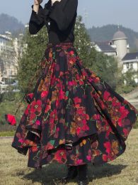 Bas Kalenmos 2021 nouveau coton et lin femme jupe médiévale mode fleur imprimé rétro Style ethnique jupe plissée à ourlet irrégulier