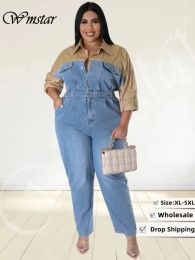 bodems wmstar plus size denim jumpsuit dames patchwork knoppen lange mouw mode zakken elastische taille romper groothandel dropshipping