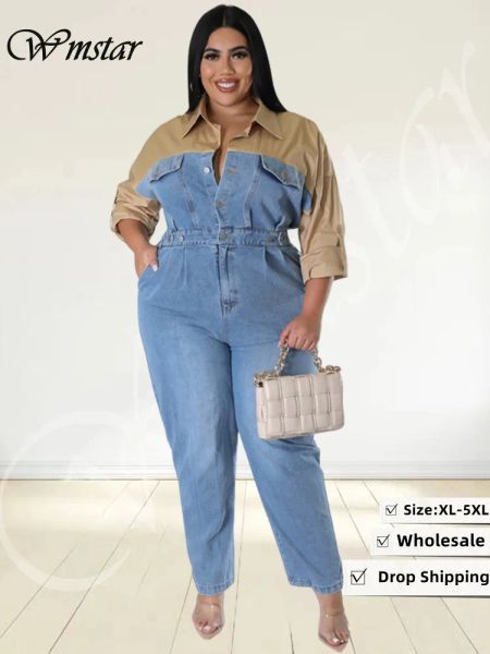 Bottoms Wmstar Plus Denim Jobsuit Botones Patchwork Botones de manga larga Moda de moda