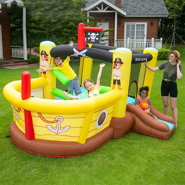 Bounce House Toboggan gonflable avec obstacles, videur, souffleur, fosse à balles, cerceau de basket-ball, videurs gonflables pour tout-petits, enfants, extérieur, intérieur, thème bateau pirate