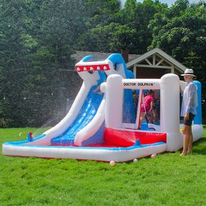 Bounce House Water Slide Combo The Playhouse Gonflable Parc Aquatique Maison pour Enfants Sautant Sauteur avec Piscine à Balles Château Sec et Humide Jouer en Plein Air Amusant dans Le Jardin