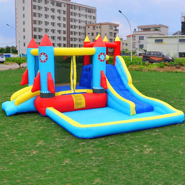 Maison gonflable avec souffleur pour enfants avec toboggan gonflable, mur d'escalade, zone de saut, fosse à balles, château de saut en fusée, maison gonflable pour fête d'anniversaire des tout-petits