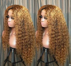 Bouncy bouclé ombre miel blonde en dentelle blonde front-poils humains perruques avec les cheveux de bébé base de la soie pleine perruque en dentelle curl pinge à bande 360 frontal7763835