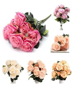 Bouquet 10 Head Tissu de soie artificielle ROSE Mariage de mariée Fleur à la maison Décor de fête de pêche légère fleurs décoratives couronnes 7054936