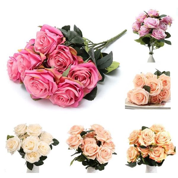 Bouquet de roses artificielles en tissu de soie, 10 têtes, fleurs de mariée, décoration de fête à domicile, pêche légère, couronnes de fleurs décoratives 2114