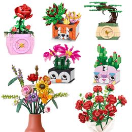 Bouquet DIY Blocs de construction Romantique Rose Fleur Bonsaï Cactus Plante 3D Modèle Briques Enfants Jouet Éducatif Fille Cadeau 220715