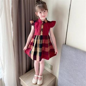 Boutique Kinderkleding Meisjes Jurk 2022 Zomer Nieuwe Mouwloze Stand Kraag Plaid Stiksels Designer Dames Kinderjurk Mode Vliegende Mouw Prinses Jurken