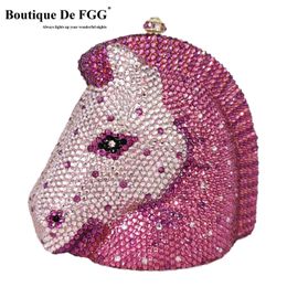 Boutique De FGG Fuchsia tête de cheval femmes Mini cristal sac de soirée mariée mariage strass sacs à main fête Minaudiere pochette 240125