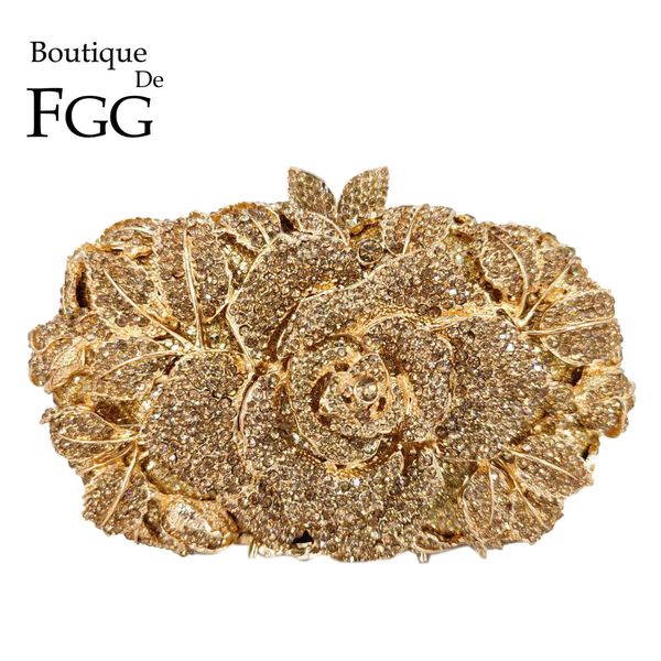 Boutique de FGG Mujeres Gold Flower Clutch Tarde Minaudiere Bolsos nupciales Bolsos de boda Fiesta formal Rhinestones Monederos florales 231220