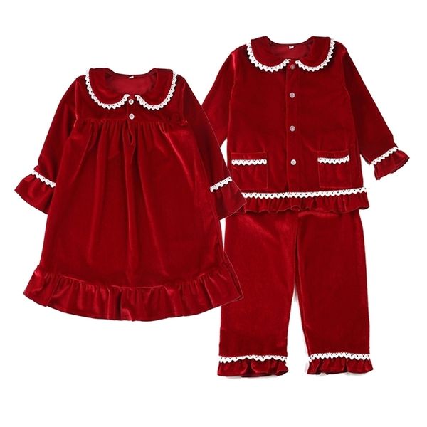 Boutique Fashion Velvet Tela Niño Dormir Traje Navidad Bebé Pijamas Set Lace Girls Ropa de dormir 211023