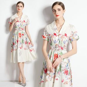 Boutique meisjesjurk bloemenjurk met korte mouwen Zomerjurk met print Hoogwaardige elegante damesjurken met print OL Fashion-jurken