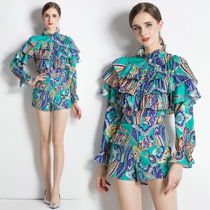 Boutique meisje tweedelige set 2023 Spring herfst ruches blouse broek high-end trendy dame bedrukte pakken