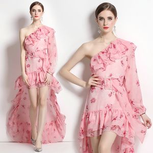 Boutique Lady Party Dress Diagonal Schouder Ruffles Holiday Dress 2023 Zomer Fashion onregelmatige lange jurken High-End Trend Floral Runway-jurken