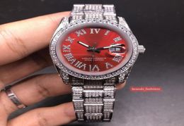 Boutique Men039 diamant glacé de haute qualité montre un visage rouge montre argenté en acier inoxydable diamant Automatique mécanique Watch8186442