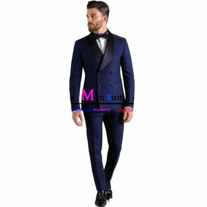Boutique Bleu Marine Costume Homme Fi Busin Homme Costume Slim Double Boutonnage Casual Groomsmen Tuxedos Deux Pièces Costumes pour Hommes K67m #