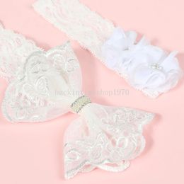 Boutique nouveau-né diamant dentelle bandeau ensembles nœud papillon bandeau infantile Photo accessoires cheveux accessoires en mousseline de soie fleur bandeaux