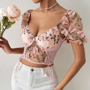 Boutique style dentelle corset top sexy sortant les hauts pour les femmes brodeau fleur de papillon