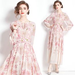 Boutique feminino vestido impresso manga longa vestido floral 2024 primavera outono impresso arco vestido high-end temperamento senhora vestidos longos vestidos de pista de festa